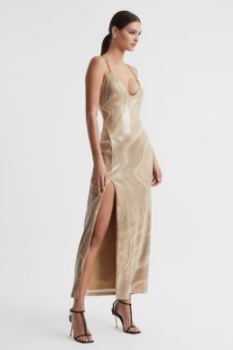 Reiss Madalyn Significant Other Sequin V-Neck Maxi Dress Beige