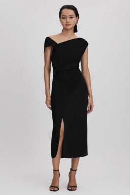 Reiss Miller Asymmetric Bodycon Midi Dress Black