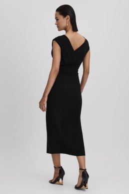 Reiss Miller Asymmetric Bodycon Midi Dress Black