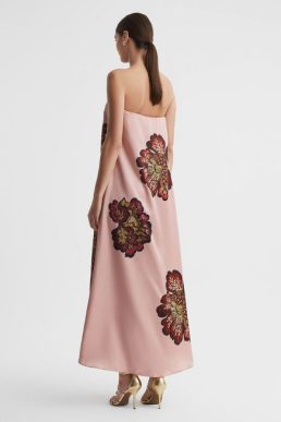 Reiss Roise Significant Other Satin Floral Strapless Maxi Dress Blush Pink Deep Red