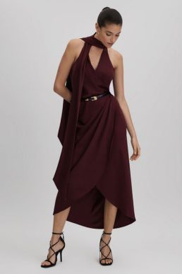 Reiss Tayla Satin Wrap Front Midi Dress Burgundy