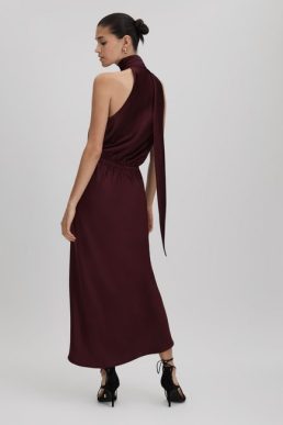 Reiss Tayla Satin Wrap Front Midi Dress Burgundy
