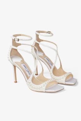 Jimmy Choo Azia 95 White Satin Sandals with All-Over Pearls