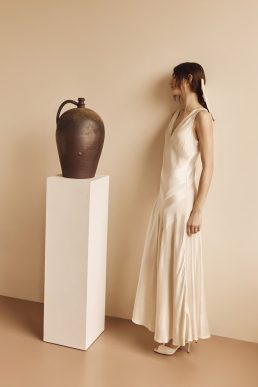 Ghost Addison Satin Asymmetric Midi Dress Ivory