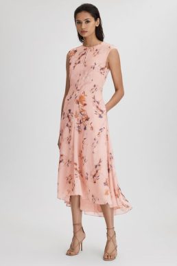 Reiss Becci Printed Open Back Midi Dress Blush Pink Multi