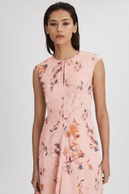 Reiss Becci Printed Open Back Midi Dress Blush Pink Multi