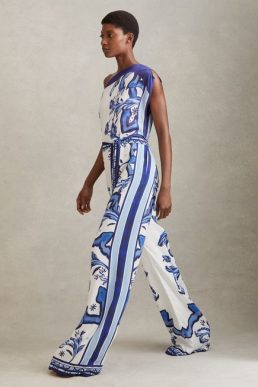 Reiss Diana Tile Print Off-The-Shoulder Jumpsuit Blue White