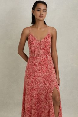 Reiss Olivia Printed Belted Midi Dress Red Multi