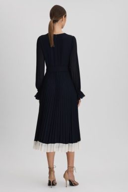 Reiss Priya Pleated Belted Midi Dress Navy Cream