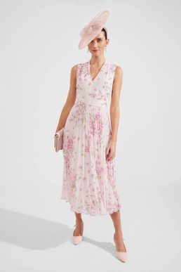 Hobbs Veronica Pleated Floral Dress Pink Multi