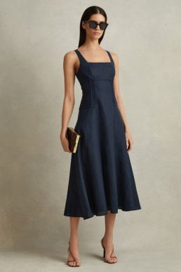 Reiss Etta Linen Corset Midi Dress Navy blue
