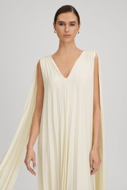 Reiss Loreli Pleated Cape Sleeve Midi Dress Lemon