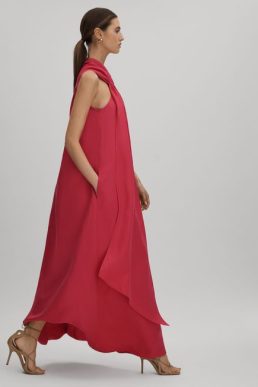 Reiss Odell Linen Blend Drape Maxi Dress Coral