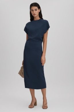 Reiss Tasha Ruched Bodycon Midi Dress Navy Blue