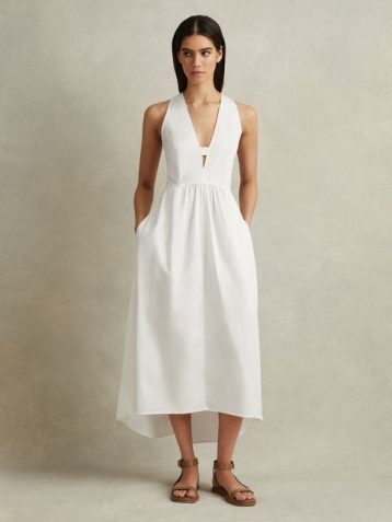 Reiss Yana Cotton Blend High-Low Midi Dress White