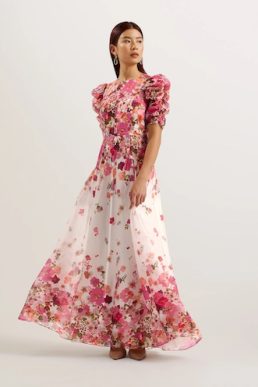 Ted Baker Alviano Floral Print Puff Sleeve Maxi Dress Pink White