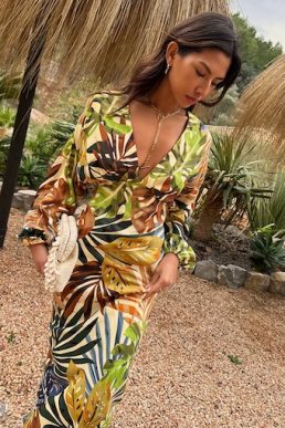 Never Fully Dressed Cream Palm Leaf Emma Dress Multi Green