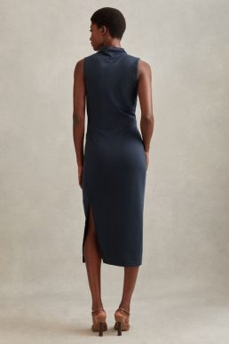 Reiss Beaux Modal Blend Ruched Midi Dress Navy Blue