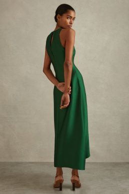 Reiss Micah Satin Drape Tuck Midi Dress Green