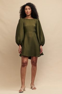 Nobody's Child Khaki Linen-blend Balloon Sleeve Zola Mini Dress