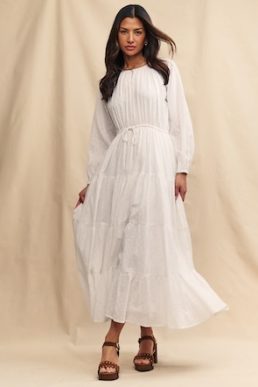 Nobody's Child White Embroidered Tie Waist Aarti Smock Maxi