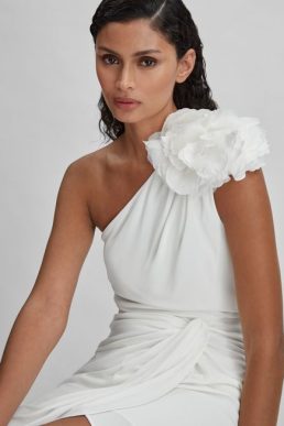 Reiss Marca Halston One-Shoulder Ruffle Mini Dress Ivory