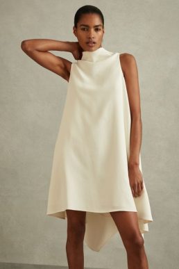 Reiss Shauna High-Neck Drape Back Mini Dress Ivory