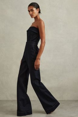 Reiss Tiggie Denim Strapless Wide Leg Jumpsuit Indigo