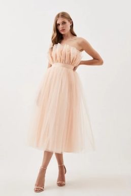 Karen Millen Lydia Millen Corseted Tulle Woven Midi Dress Blush