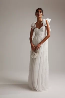 ASOS DESIGN Mila floral embellished mesh wedding dress with tie straps in ivory