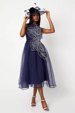 Coast Hand Stitched 3d Floral Midi Dress Navy Blue