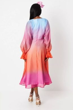 Coast Lisa Tan Ombre Print Organza Long Sleeve Midi Dress Pink