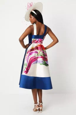 Coast Lisa Tan Satin Twill Cross Neck Printed Midi Dress Multi