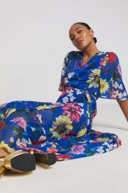 Hope & Ivy Lydia V- Neck Ruffled Skirt Maxi Dress Dark Blue Multi