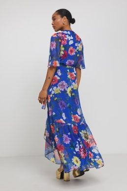 Hope & Ivy Lydia V- Neck Ruffled Skirt Maxi Dress Dark Blue Multi