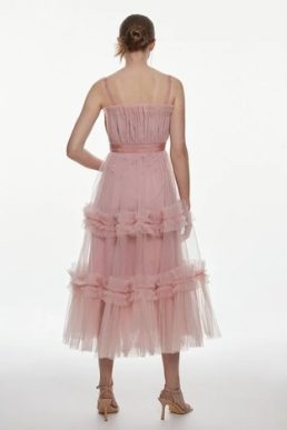 Karen Millen Tulle Bandeau Tiered Midi Dress Pink