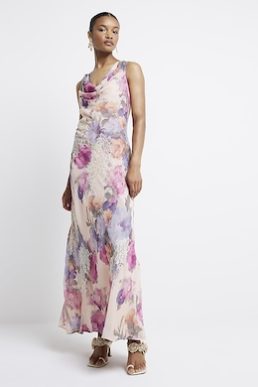 Reformation Pink Floral Cowl Neck Slip Maxi Dress Multi