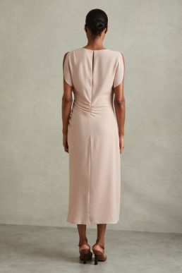 Reiss Bonnie Ruched Cowl Neck Midi Dress Pale Pink Blush