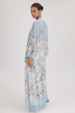 Reiss Florere Printed Tie Neck Maxi Dress Light Blue Multi