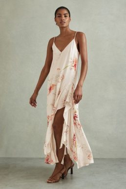 Reiss Melody Floral Print Side Split Midi Dress Ivory Coral