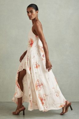 Reiss Melody Floral Print Side Split Midi Dress Ivory Coral