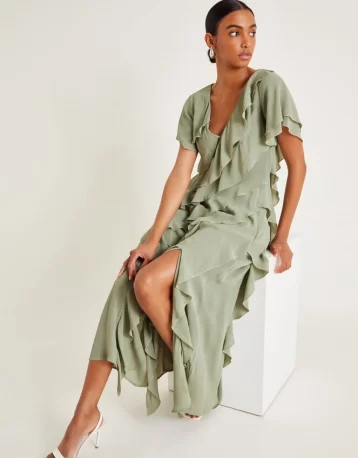 Monsoon Renata ruffle midi dress sage green