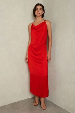 Reiss Lilah Satin Cowl Neck Maxi Dress Red