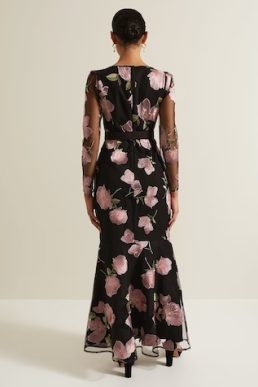 Phase Eight Genny Floral Print Embroidered Maxi Dress Black