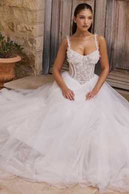 HOUSE OF CB Nathalie lace-embroidered full-skirt woven bridal gown, White