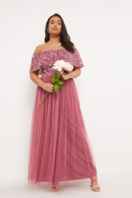 Maya Bardot Sequin Embellishment Tulle Maxi Dress Rose Pink