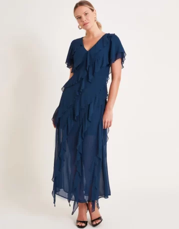 Monsoon Renata ruffle midi dress navy blue