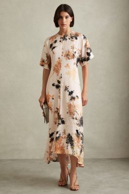 Reiss Chrissy Floral Print Midi Dress Pale Pink