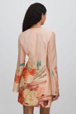Reiss Leo Lin Linen Blend Printed A-Line Mini Dress Soft Peach Multi