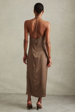 Reiss Lilah Satin Cowl Neck Maxi Dress Mink